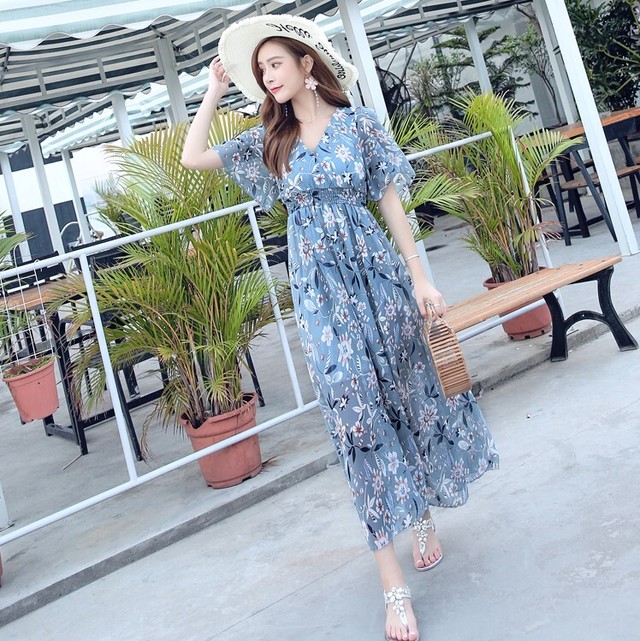 花柄 ボタニカル カシュクール シフォン ワンピース フラワー ロング マキシ 半袖 フレア袖 Vネック ホワイト ブルー 大きいサイズ デート お出かけ 女子会 春 夏 代 30代 40代 At354 Sunny Place