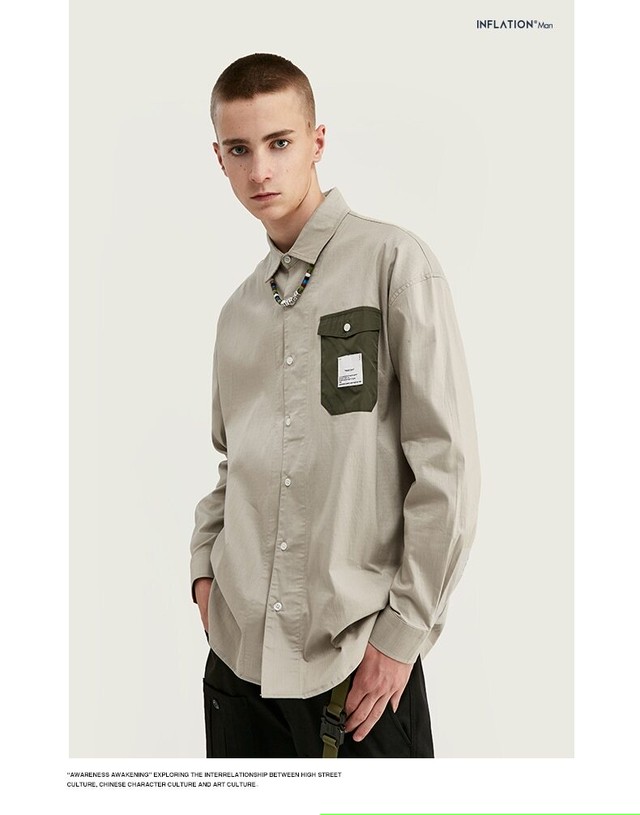 インフレデザインリラックスマルチストライプメンズシャツグリーンカーキ特大フィットレトロストライプシャツメンズストリートスタイルw インフレ公式ストア Efect