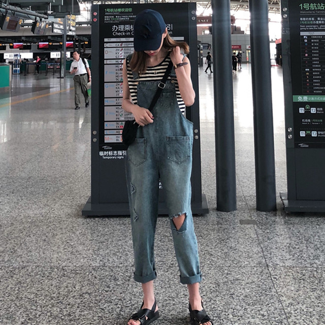 送料無料 デニムワンピースビブ女性春cecバージョンのルーズで薄いストレートパンツ スプリング 春物 ワンピ Frilll