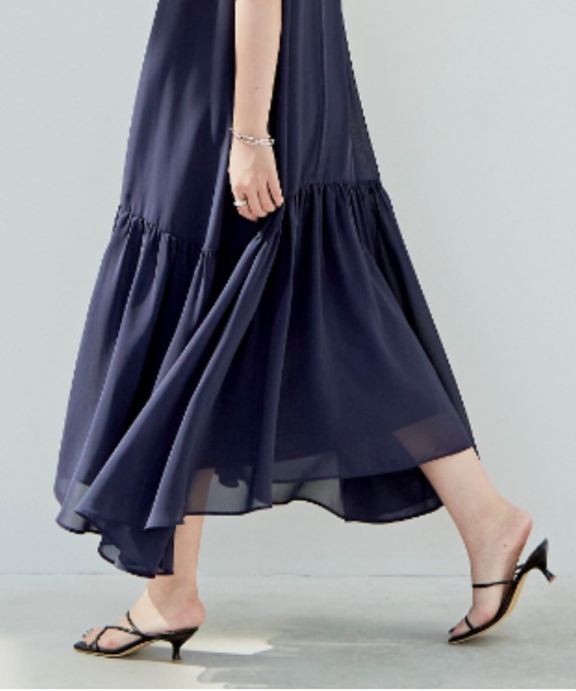 ノースリーブピンタックシアーマキシワンピース Nvy Aunt Marie S