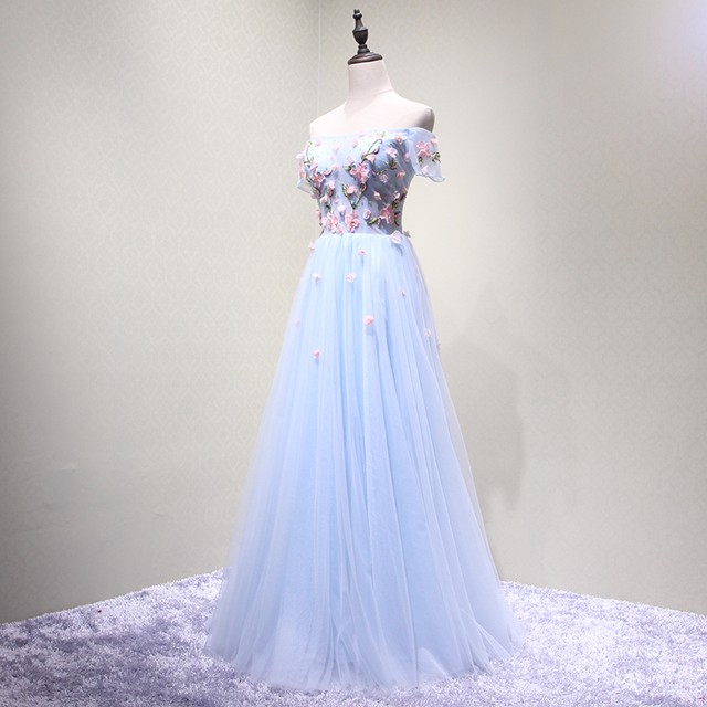 カラードレス 水色 オフショルダー ステージ衣装 結婚式 披露宴 パーティー ロングドレス エレガント Cinderelladress