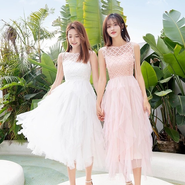 2カラー シフォン 白 ワンピース ガーリー ピンク レース マキシ ドレス シンプル Loveysmileshop