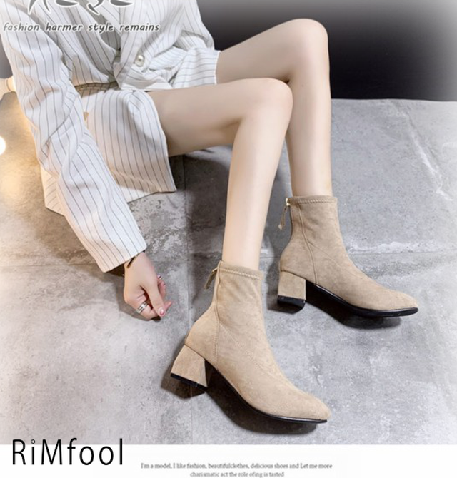 ブーツ 太ヒール 冬靴 おしゃれ 秋靴 シューズ 2色 チャンキーヒール ハイヒール 黒 ショートブーツ スウェード レディース Rimfool