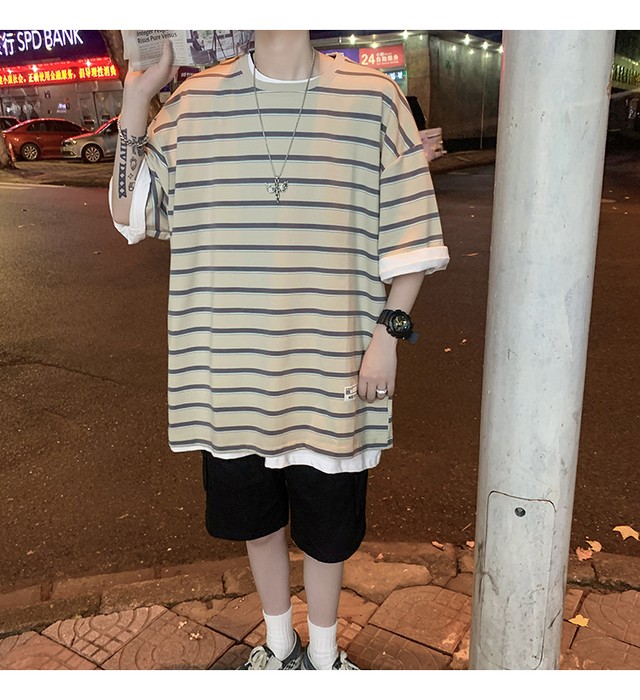 Korea Tシャツ スリーブストライプルーズサマー 夏物 春夏秋冬 オルチャン K Pop アイドル 宝塚 オルチャンファッション 韓国ドラマ 韓国服 Kpop帽子 Kpop雑誌 Bts Niziu Twice Blackpink コリアン コリア 明洞 2b J9 Korea