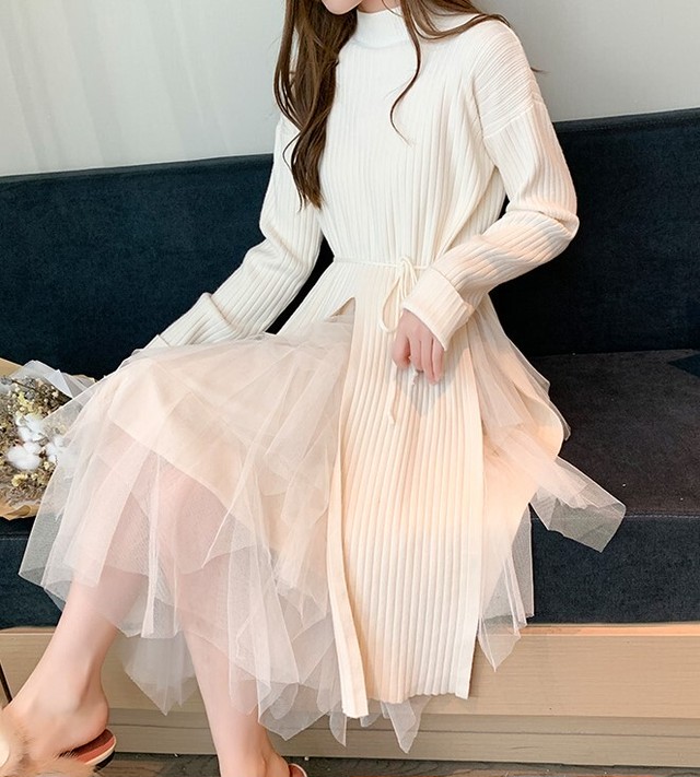 全3色 セットアップ ニットワンピース チュールスカート ハイネック 長袖 ドロップショルダー ロング丈 フリル ピンク ブラック オフホワイト 大人かわいい 韓国 オルチャン フェミニン Like Fashion