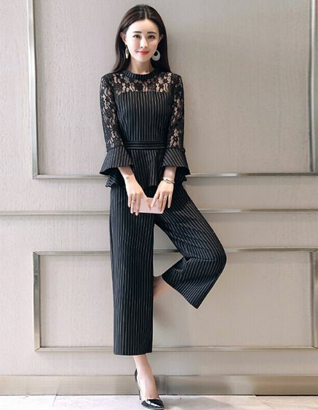 花柄レース レディース パンツドレス ペプラム ワイドパンツ ストライプ 透け感 セクシー パーティー 結婚式 2次会 同窓会 大きいサイズ Sdress