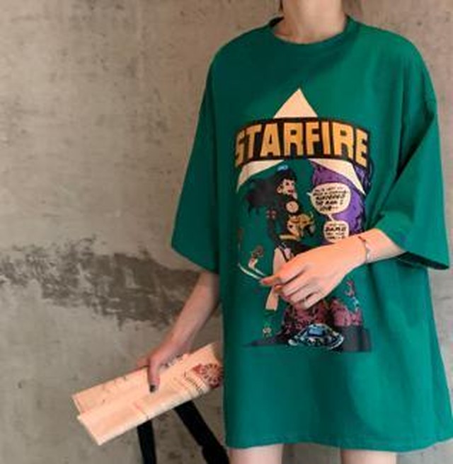 ルーズ ミドル丈 プリント ｔシャツ 半袖 可愛い 流行り おしゃれ 韓国 夏 Zakiki