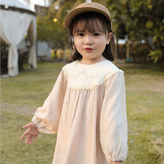 a W 秋 春 キッズ 刺繍 ワンピース 長袖 Aライン ワンピース ふんわり 可愛い 女の子 韓国 子供服 ベージュ ブラック 黒 白 80 130 Clea