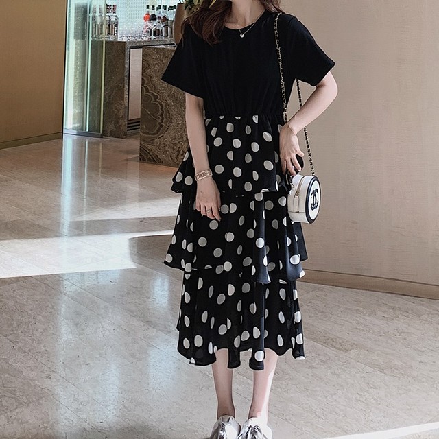 ワンピース ドッキングワンピース ティアードワンピース 半袖 ティアード フリル ドット柄 ミモレ丈 可愛い 春 夏 G1016 Mhf Clothes