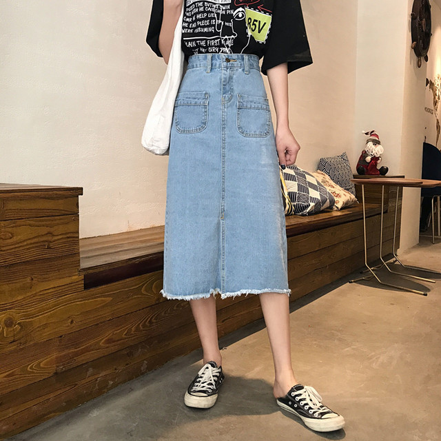 デニムスカート ミディアム丈 ひざ下スカート 台形 切りっぱなし 裾フリンジ 大きいサイズ有 S Xl ブルー ライトブルー カジュアル Southisland