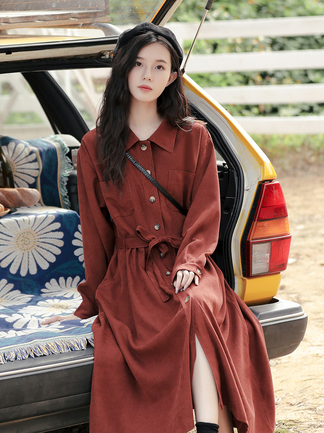 シャツワンピース 長袖 春 秋 冬 ロング 無地 通学 清楚 ミモレ丈 膝下丈 Select Shop Skry スクリー