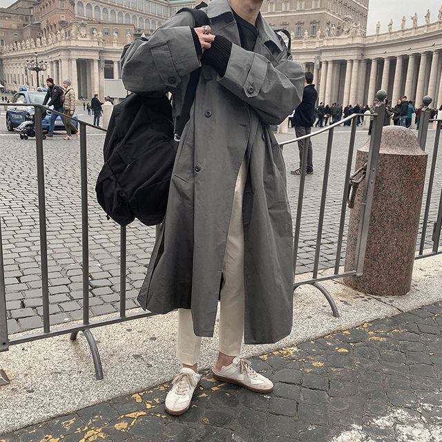 予約販売 ロングトレンチコート シック シンプル グレー ベージュ アウター ロング丈 メンズ 防寒 お洒落 こなれ感 ベーシック 秋冬 大きいサイズ S M L Xl 2xl Favoriteselect