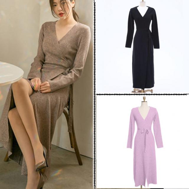 ニットワンピース 長袖 ワンピース レディース マキシ 秋ワンピ ウエストリボン カシュクール ラップ Vネック エレガント ロング 小顔 セクシー Rx0698 Raxia ラクシア