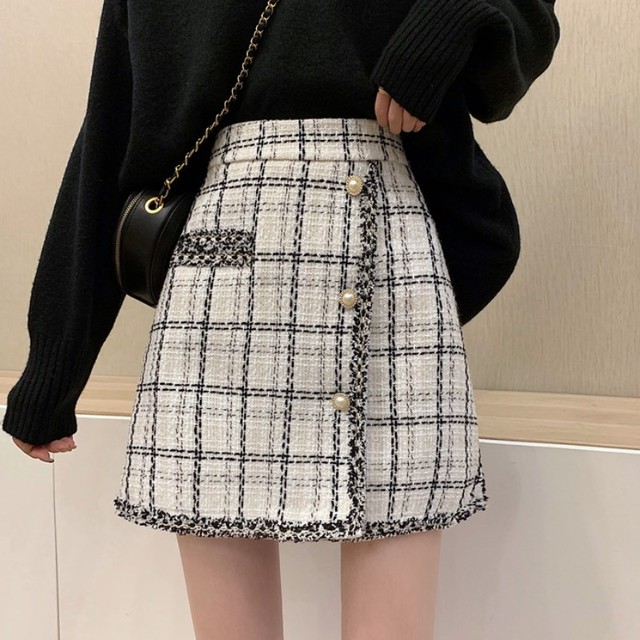 全2色 パールボタンツイードミニスカート Aライン きれいめ エレガント バックジッパーハイウエスト 秋冬 お出かけ デート 女子会 デイリー Arroser