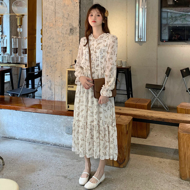 ガーリーコーデに ロングワンピース シフォンワンピース ウエストゴム レディース 長袖 フリル 花柄ワンピ フェミニン 春秋 デート お出かけ ショッピング Ptnym65 Shop Suba