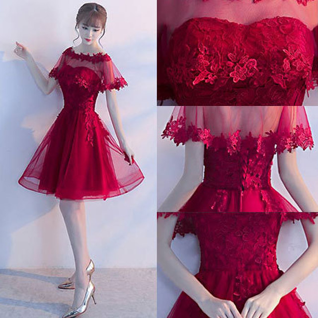 結婚式 パーティードレス シースルー 五分丈 赤 可愛い 送料無料 Charmant