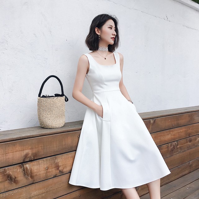 ワンピース ミモレ丈 ノースリーブ ラウンドネック Aライン フレア フェミニン きれいめ 上品 清楚 夏 デート お呼ばれ M Fun H
