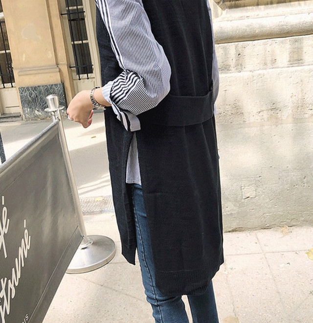 ロングベスト バックストリング サイドスリット ワンピース ニット Vネック ノースリーブ カジュアル Aya2228 Yumi Shop