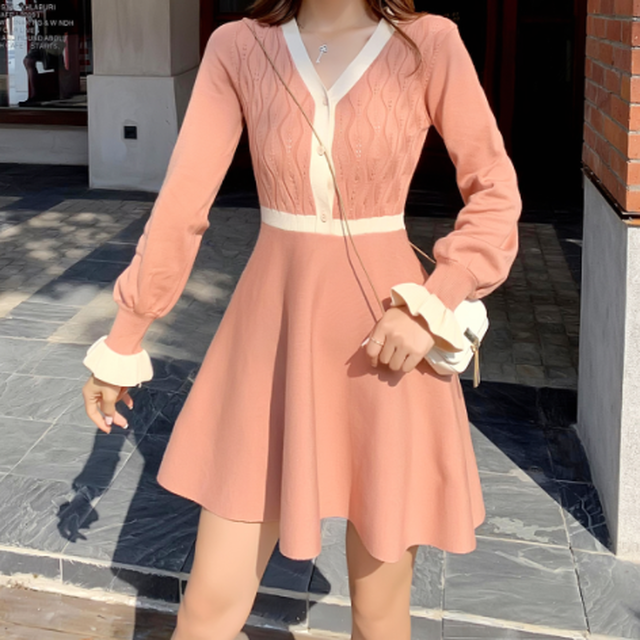 One Piece Knit 3color ワンピース ニット バイカラー 3色展開 オレンジピンク ブラック マルーン 無地 ミニ丈 長袖 フリル袖 タイト スリム Vネック ウエストマーク ハイウエスト フレア フェミニン 大人 可愛い 上品 きれいめ ガーリー デート お呼ばれ お出かけ 秋 冬