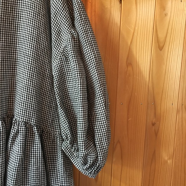 ハンドメイド リネン パフスリーブワンピース チェック Uta Seisakusyo