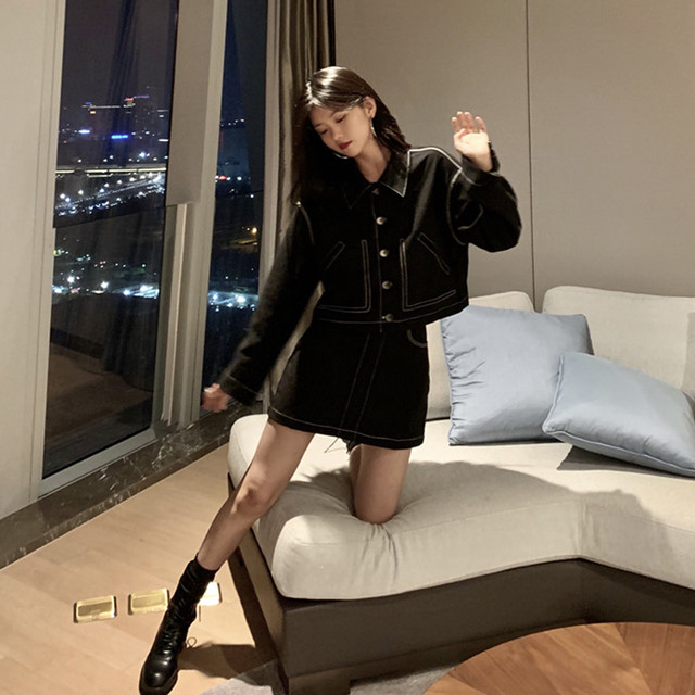 セットアップ レディース ジャケット ミニスカート ミニ丈 ショート丈 2way ブラック 黒 ブルー 長袖 ゆったり こなれ感 Evergreen