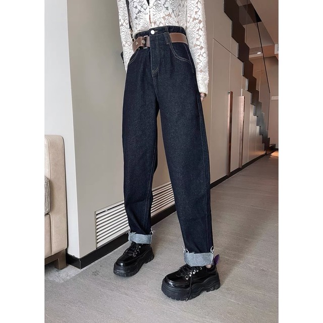 brown belt denim pants