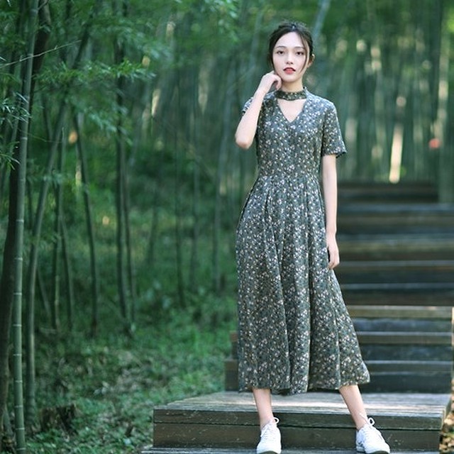 小花柄 ロングワンピース 森ガール ロングスカート ａラインスカート 半袖 レディース ファッション Aeka Clothet
