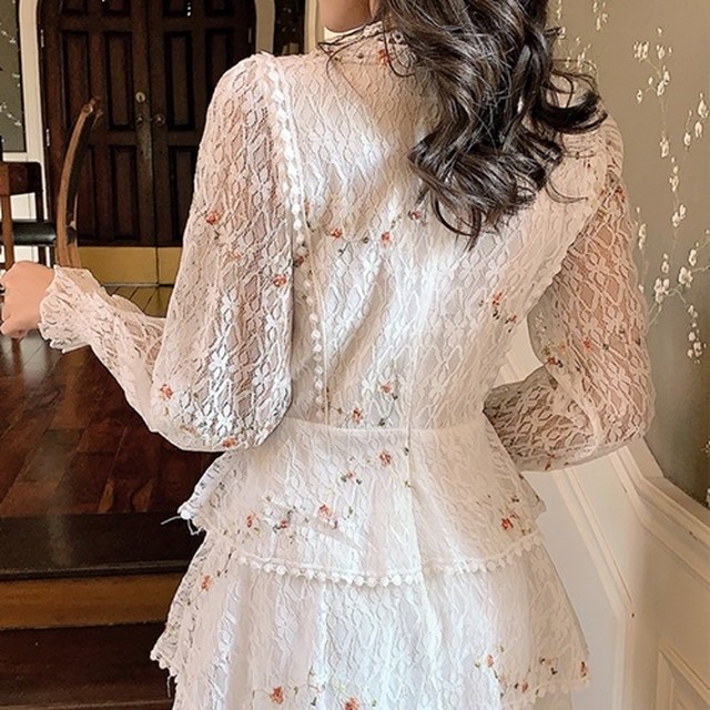 全2色 ワンピース ドレス 総レースワンピース フォーマル レディース ドレス 透け感 花柄 刺繍 フラワー デザイン ハイネック 段レース 白ワンピース 長袖 無地 オシャレ エレガント 上品 ミモレ丈 レース 結婚式 パーティードレス 大きいサイズ Aライン ホワイト