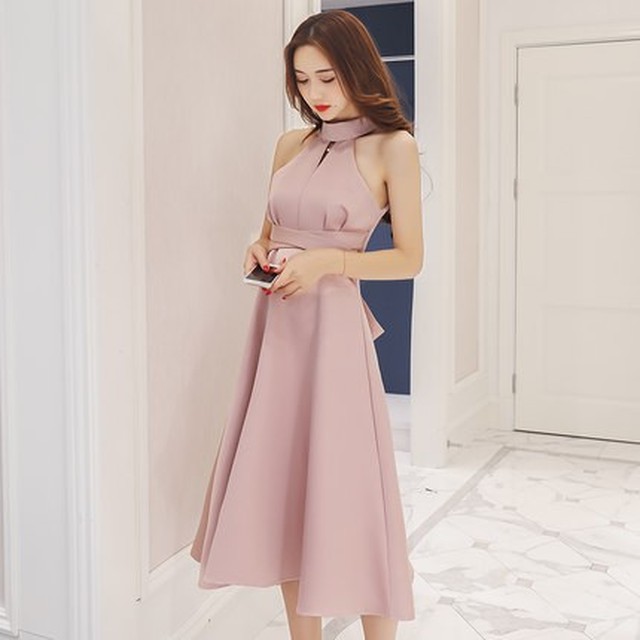 ノースリーブ ホルターネック バックリボン カラードレス ミモレ丈ドレス ひざ丈ワンピース ワンピースドレス 結婚式 二次会 Ptnym0985 Dress Suba