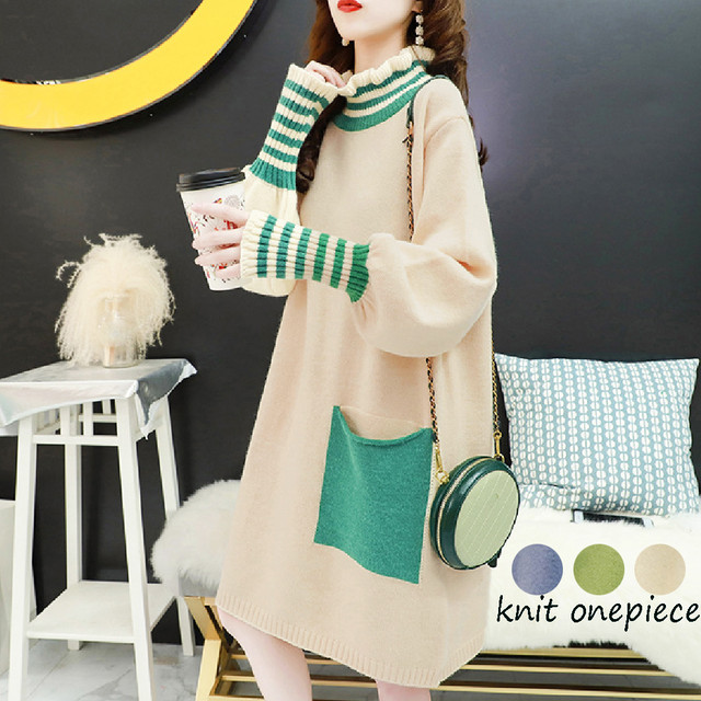 ワンピース ゆったり ワンピ 春秋冬 体型カバー ミニワンピース クルーネック ひざ丈 世界の扉shin