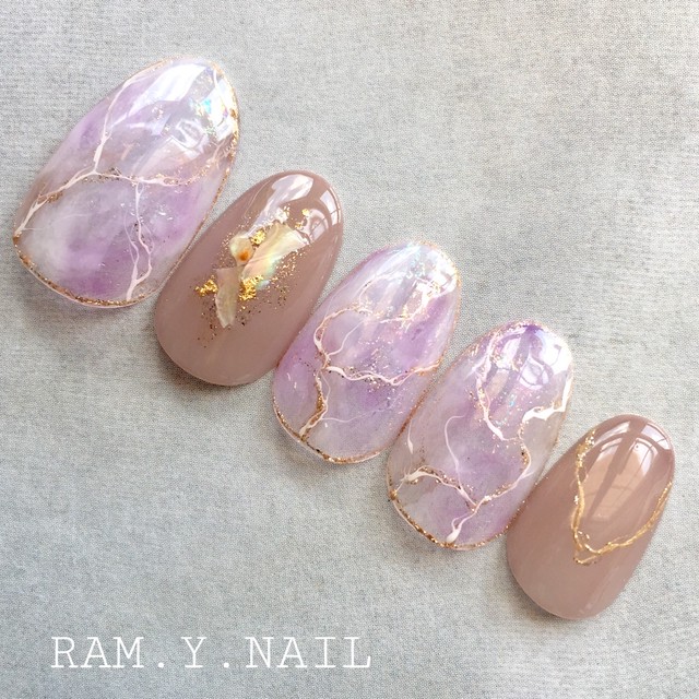 キラキラパープルの天然石ネイル No13 Ram Y Nail