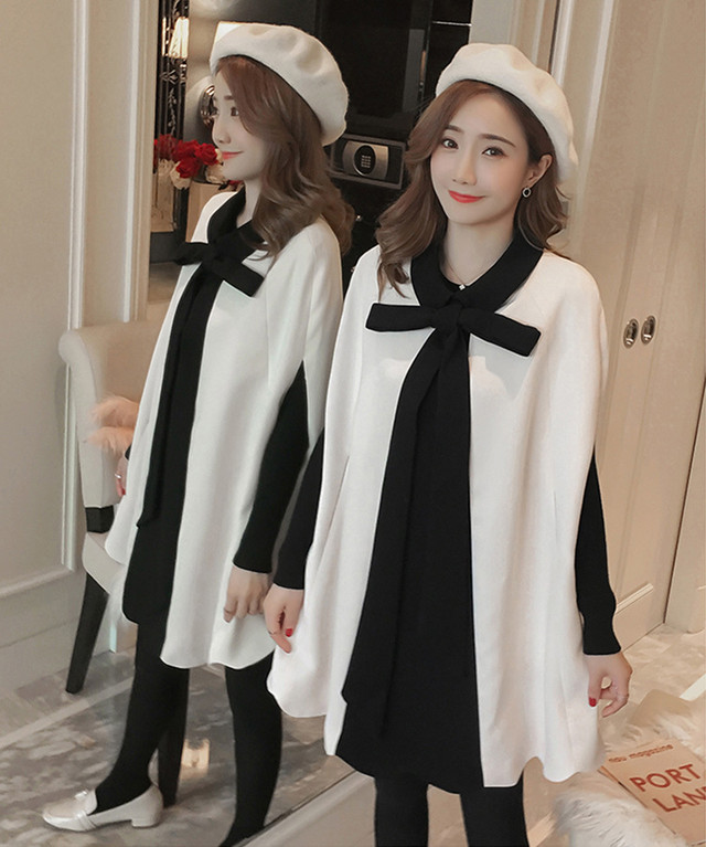 ポンチョ ワンピース マタニティ ドレス 長袖 ミニ丈 バイカラー 秋冬 黒 白 リボン フォーマル インナー付き マタニティーワンピース専門店 Ninpuku