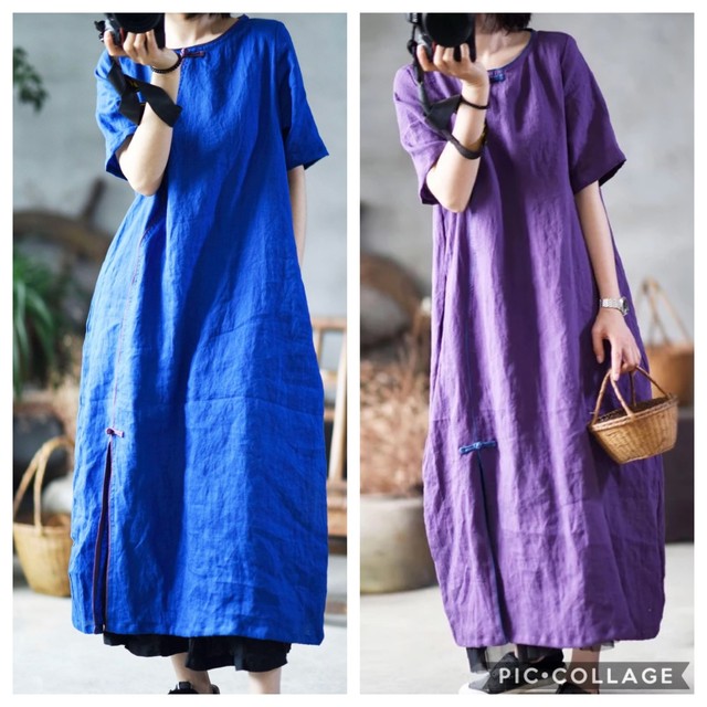 C72 新品 送料無料 レディース 春夏 リネン 麻 ワンピース ロングワンピース アジアン 半袖 チャイナドレス リネンワンピース ブルー 青 Hihaho Company リネン コットン素材のゆったりとしたレディースウェアのお店