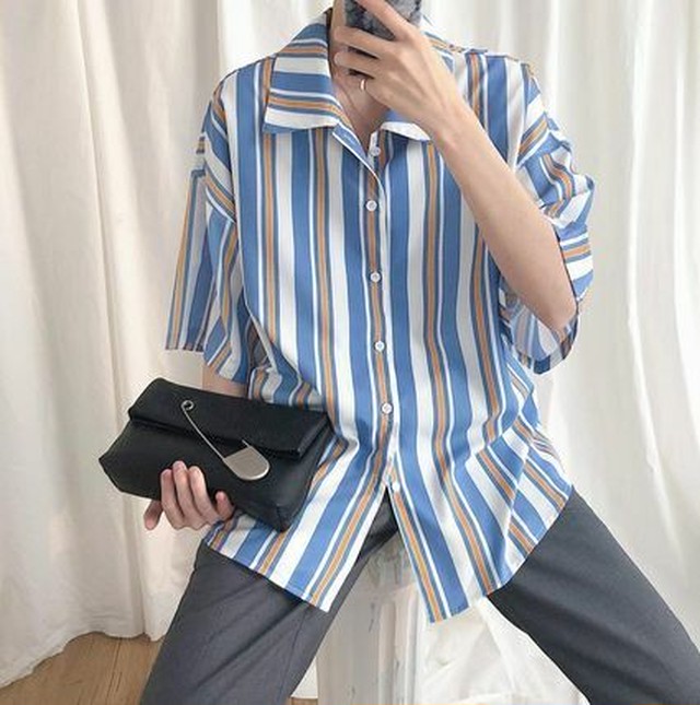 メンズ 総柄シャツ 韓国系 半袖 シャツ 柄 人気 ストライプ Jb 1