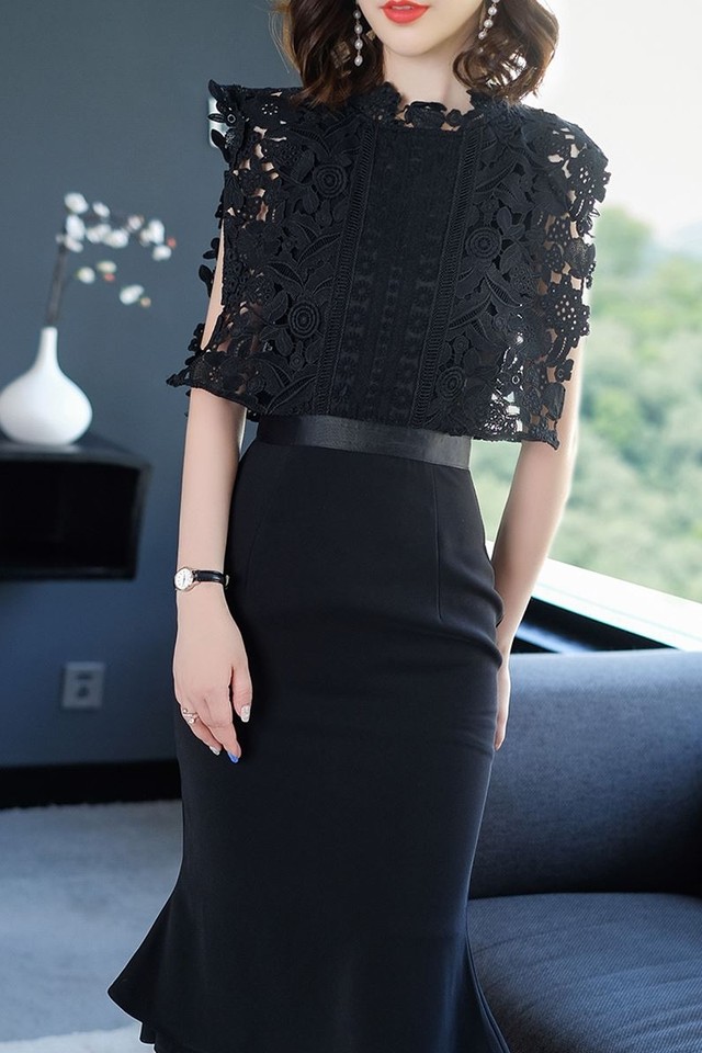 ブラック ワンピース レース使いで華やかさをプラス ミモレ丈 ノースリーブ フォーマル デート お呼ばれ パーティー 二次会 謝恩会 ピアノ演奏会 食事会 N0 Hollys Design