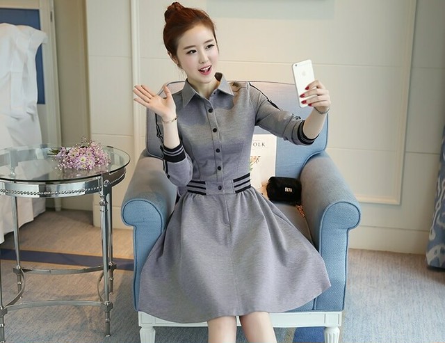 黒ラインアクセントカジュアルワンピース 秋冬 レディース スポーツmix 灰色 無地 長袖 フェミニン 襟付 ストレッチ ワンピース チュニック フレア Ys0005 Fashion Mille