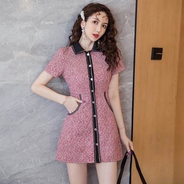 ミニツイードワンピース ワンピース ミニ丈 半袖 ツイード Ol デート 女子会 韓国 オルチャン 韓国レディースファッション通販 ポワン