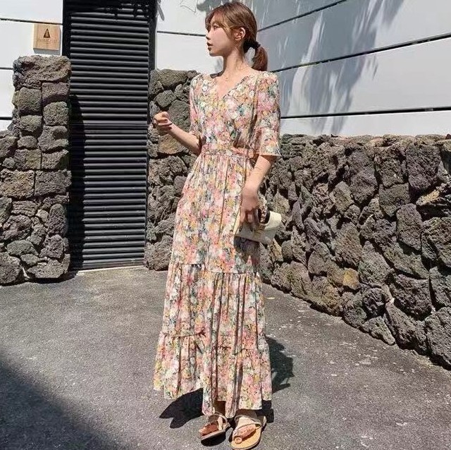 オシャレ マキシワンピース レディース 40代ワンピース 夏 ロングワンピース シフォンワンピース 花柄 Vネック オシャレ 結婚式ドレス お出かけ 大人 30代 50代rb R3 Nk06 0013 Redbell