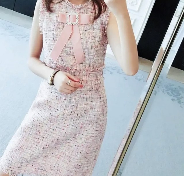 リボンノースリーブピンクツイードワンピース Lilycloset ファッション通販