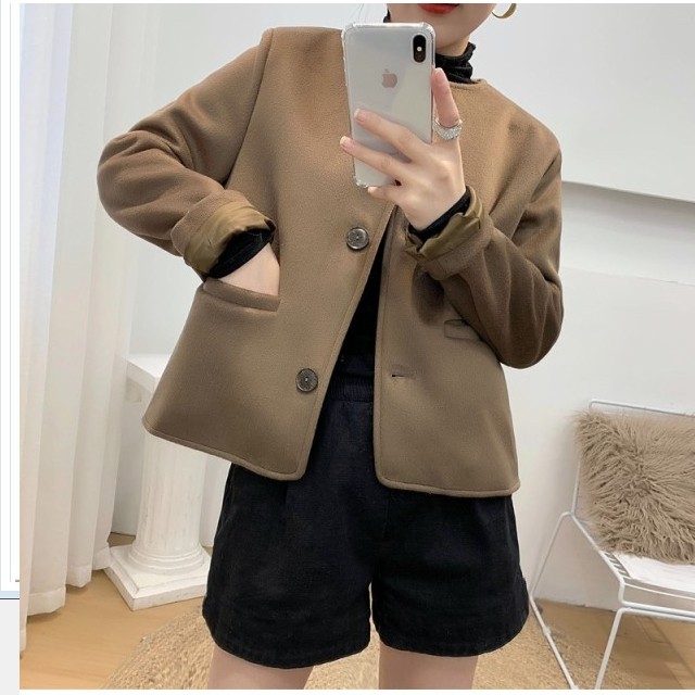 ノーカラージャケット レディース 大きいサイズ アウター ジャケット ショート丈 ウール混 袖口ロールアップ バイカラー Basecamp49