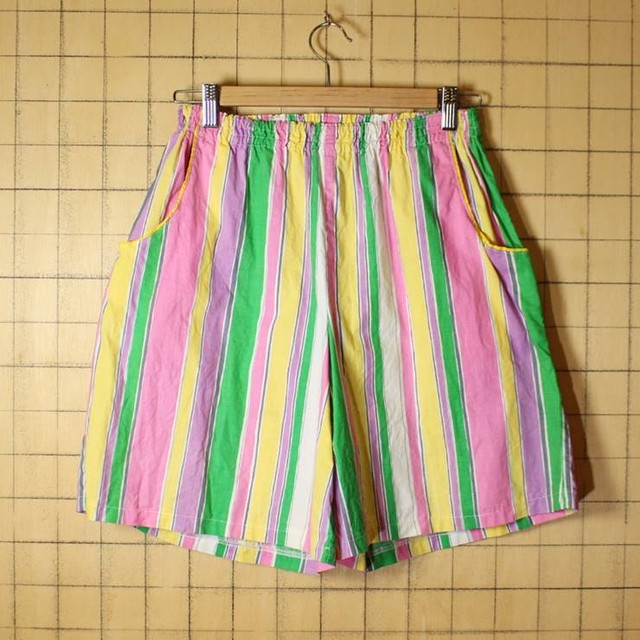 80s Euro 総柄 ショーツ ストライプ ハーフパンツ メンズm相当 カラフル ピンク グリーン ショートパンツ 短パン 古着 0702ss46 古着屋ataco Garage