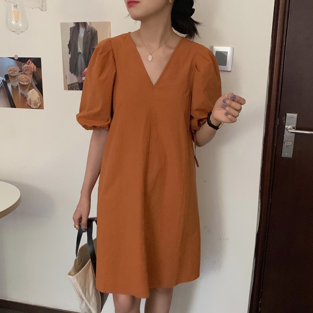 Vネックミニ丈ワンピース 半袖 バルーンスリーブ シンプル 春夏秋 大人かわいい おしゃれ Op0387 Natuliria ナチュリリア