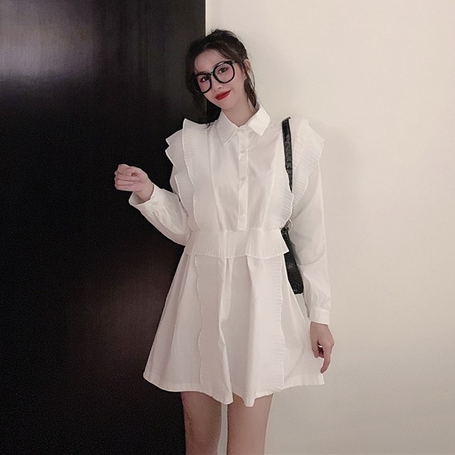 トップス チュニック シャツ フリル フロントボタン ワンピース ペプラム フレア 長袖 無地 上品 カジュアル きれいめ おしゃれ 大人可愛い 女子会 春 夏 Like Fashion