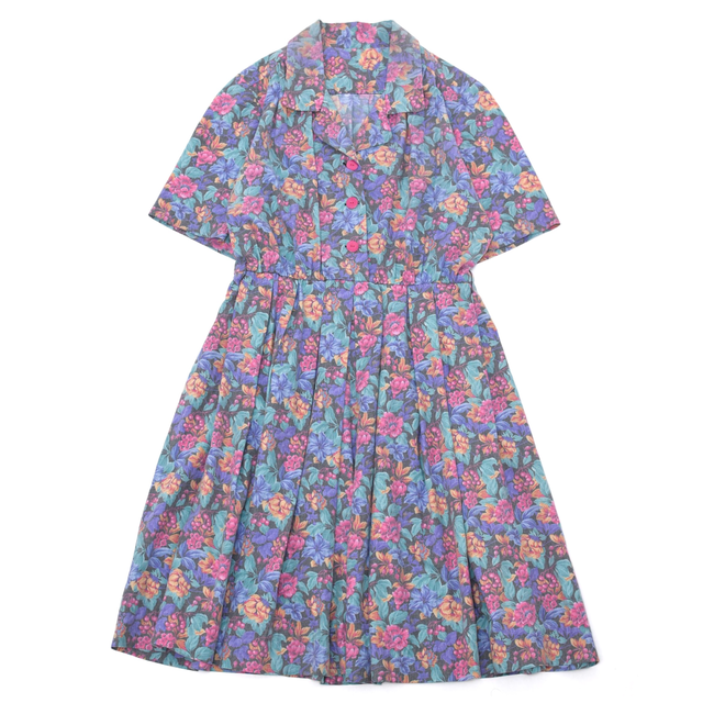 Vtg botanical flower full pattern open collar onepiece