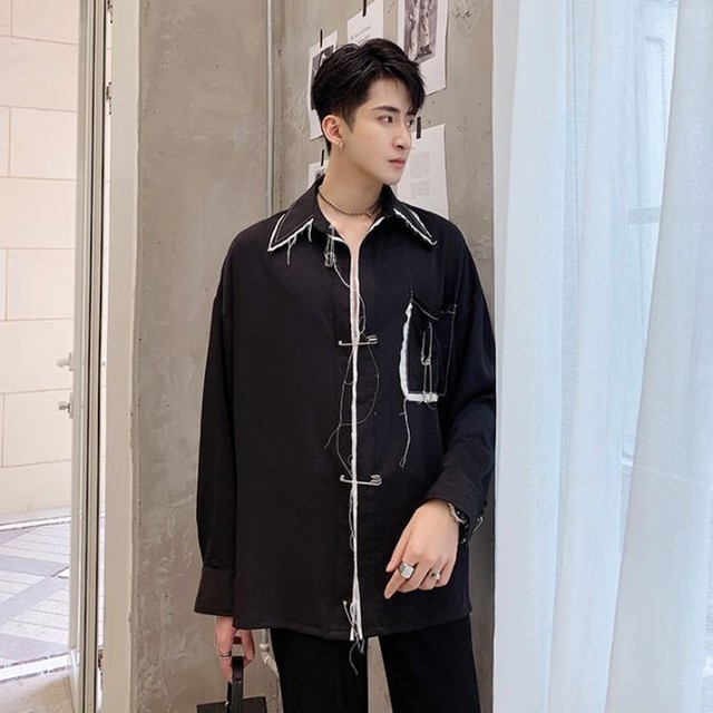 デザインシャツ 長そで レギュラーフィット スクエアカラー 大き目襟 胸ポケット ダメージ加工 安全ピン バイカラー メンズ レディース ユニセックス 韓国 カジュアル パンク モード レギュラー丈 ステッチ お支払い後日以内に発送 Top442 Garcons