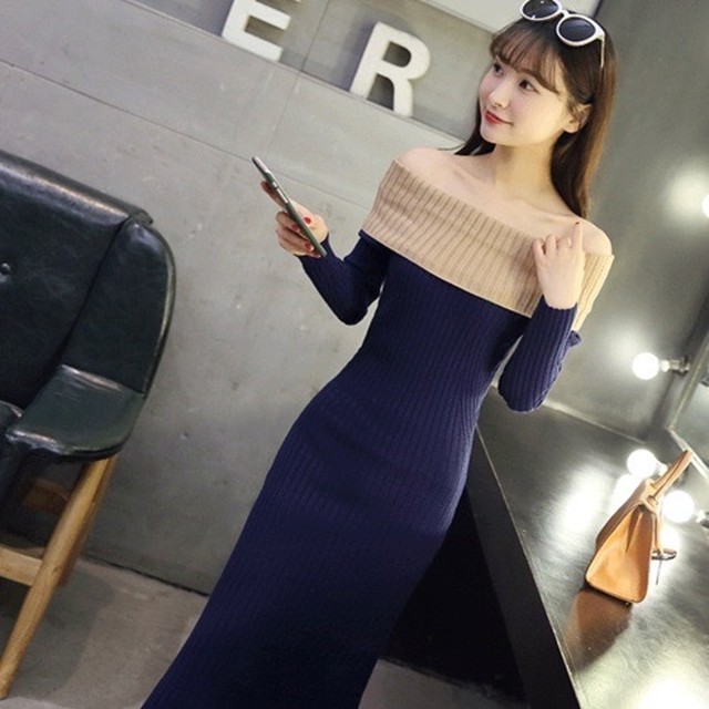 ワンピース レディース ニット バイカラー ドレス オフショルダー 肩魅せ ハイウエスト 着回し おしゃれ かわいい ガーリー ロング 細め タイト 長袖 体型カバー 10代 代 30代 お出かけ デート パーティー 秋冬 全3色 Uki Uki