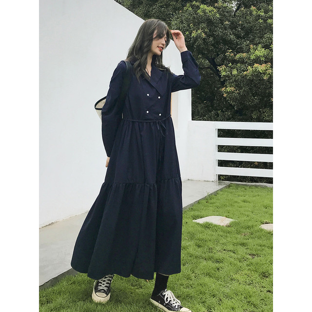 マキシワンピース 長袖 Vネック ネイビー 無地 フレア Aライン ウエストマーク リボン カジュアル ガーリー 秋 Fsk1150 Alice Mode アリスモード