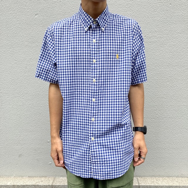 Polo Ralph Lauren コットン S S B D シャツ ギンガムチェック 青 白 L Slut Albatross Vintage