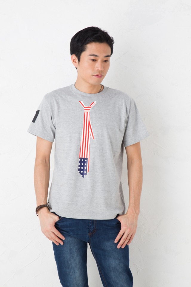 だまし絵 星条旗 ネクタイ Tシャツ 半袖 杢グレー Tシャツ通販のgracious Ground