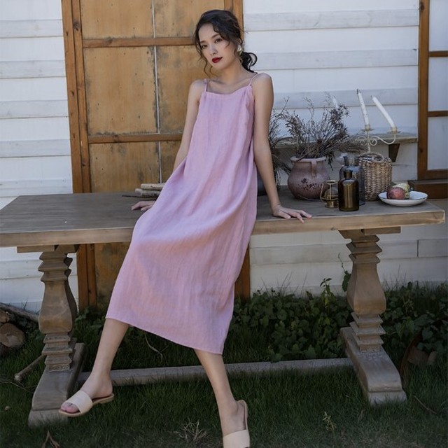 キャミソールワンピース リネン ミモレ丈 ノースリーブ 無地 Aライン フレア 大人可愛い カジュアル 春夏 お出かけ ピンク Virtue